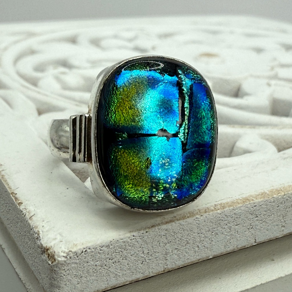 Sterling Silver Multicolor Blue Dichroic Glass Statement Ring Size 10 106g 65$
